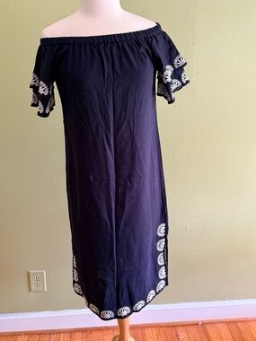 Marie Oliver Navy Linen & Embroidered detail Midi Dress